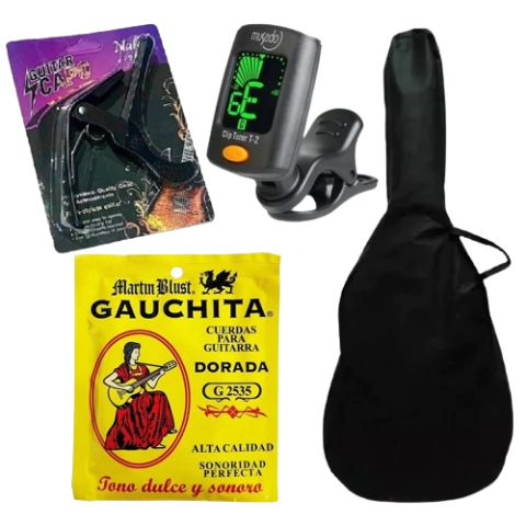 Combo 11: cuerdas guitarra criolla Gauchita + funda + afinador + capotraste