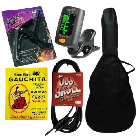 Combo 12: cuerdas guitarra criolla Gauchita + funda + afinador + capotraste + cable plug