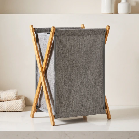 Cesto Ropa Plegable Bambu Natural Tela Nordico Canasto