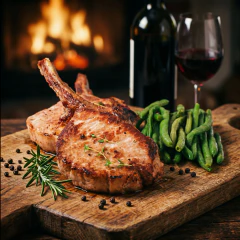 Cinematic food photography of grilled pork chops with green beans and rosemary, enhanced lighting and rustic background for remote menu renovation.