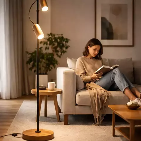 LAMPARA DE PIE INFINIT 2 LUCES CARILUX MADERA DE LENGA Y NEGRO