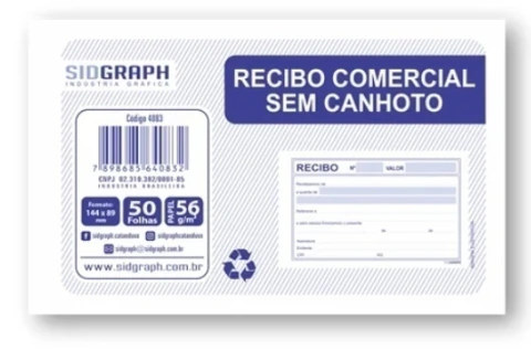 RECIBO COMERCIAL SEM CANHOTO 50F 144x89 PACOTE COM 20 BLS 4083