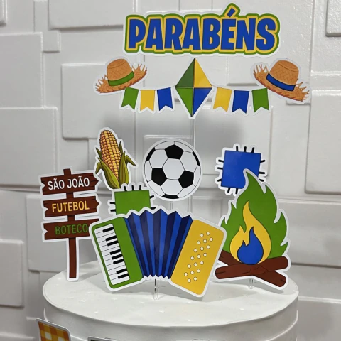 Topo de Bolo Arraiá Verde e Amarelo Decoração Festa Junina