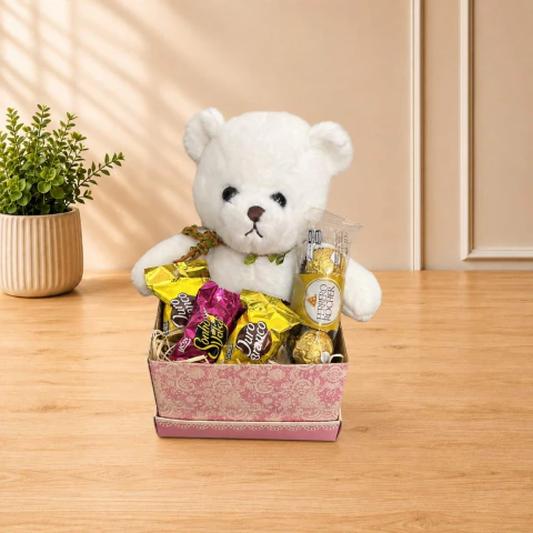 Cesta Chocolate com Urso de Pelúcia Bravinho Branco