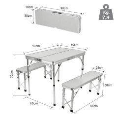 Mesa 90cm + 2 Banquetas Plegable Camping Jardín Aluminio - comprar online