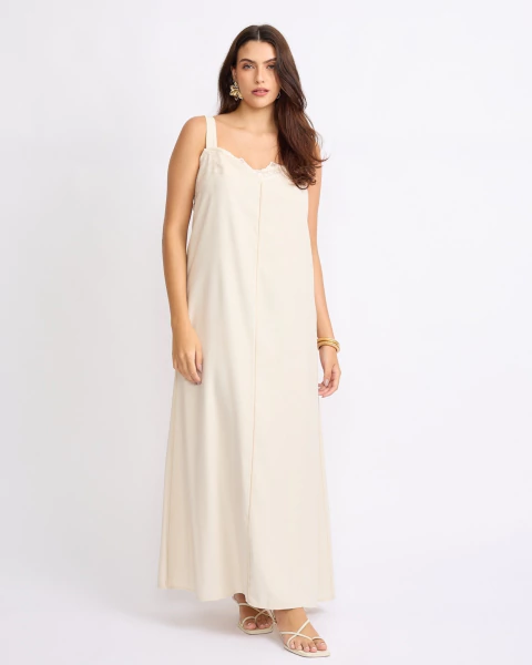 Vestido Longo Viscose Renda Cru