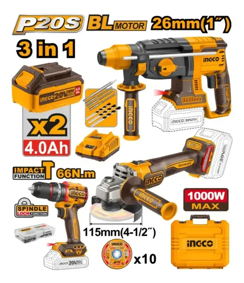 INGCO | COMBO TALADRO PERCUTOR 66NM + AMOLADORA + ROTOMARTILLO + 2 BATERIAS 4.0 + CARGADOR + ACCESORIOS