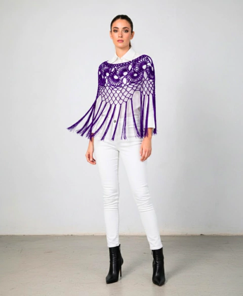 Poncho Capa Tejido Crochet Seda Importada con Flecos - Nakel - comprar online