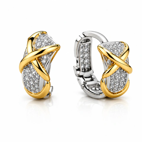 BRINCO FEMININO BICOLOR DOURADO E PRATA COM ZIRCÔNIAS CRAVEJADAS