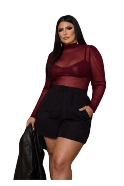 Blusa Plus Size Feminina em Tule Transparente Gola Alta Manga Longa - comprar online