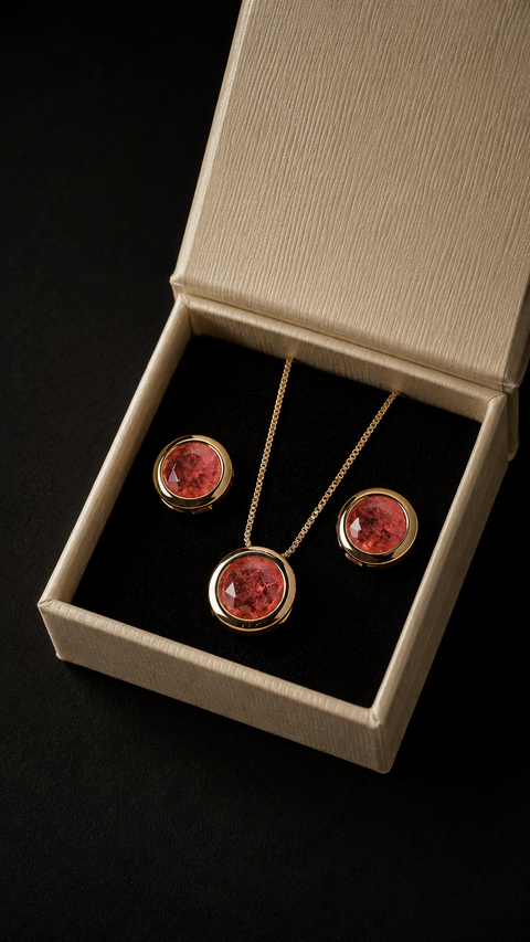 Conjunto Colar e Brincos Bloom — Banho de Ouro 18k com Pedra Fusion Rosa