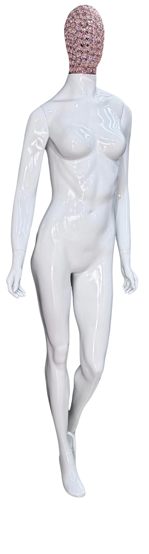 MANEQUIM FEMININO CABEÇA ARAMADA DE FIBRA BRANCO ENVERNIZADO NACIONAL COM MÃOS DE BORRACHA E BASE CROMADA