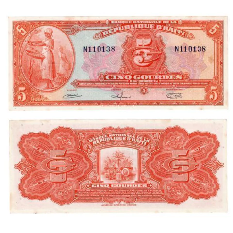 Cédula do Haiti - 5 Gourdes - 1964 - FE c/ manchas - P#187