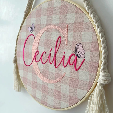 Quadro Enfeite Porta Maternidade Bordado Borboletas Rosa