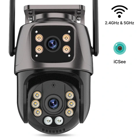 Câmera de segurança P2 WiFi PTZ com rastreamento automático, câmera de rede sem fio com duas lentes, câmera CCTV iCsee