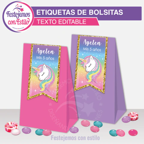 Unicornio Arcoiris Cierra Bolsas Imprimible Texto Editable - comprar online