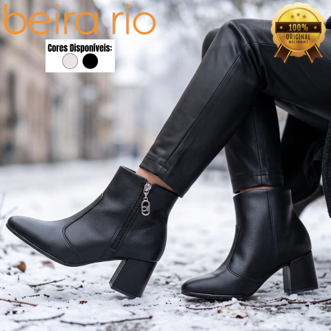 Bota Feminina Beira Rio Cano Curto Salto Grosso Zíper Confortável Casual Elegante Macia