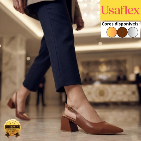 Scarpin Usaflex Slingback Feminino Couro Vegetal Salto Bloco Bico Fino Confortável Original