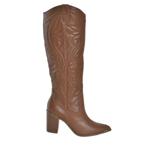 Bota Via Marte Feminina de Couro Legítimo Western Country Texana Bordada Cano Alto Salto Original