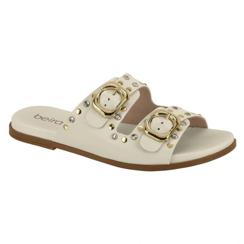 Sandália Feminina Beira Rio 8507.232 Flat com Tachas Douradas Papete Calce Fácil e Solado Antiderrapante - Calezza