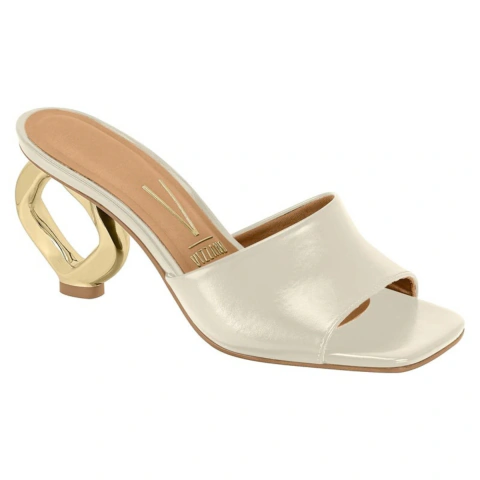 Tamanco Vizzano Feminino Salto Geométrico 8cm Dourado Bico Quadrado Elegante Calce Fácil Confortável - Calezza