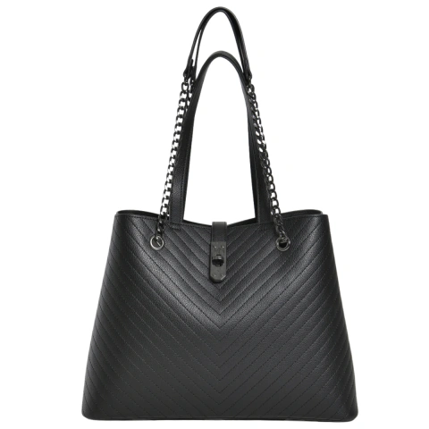 Bolsa Via Marte Tote Feminina Grande Preta Matelassê Alça Corrente Trava Metálica Casual Elegante