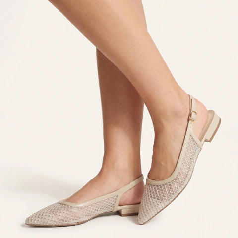 Sapatilha Feminina Via Marte Slingback Bico Fino Tela lateral Brilho Tranparente Elegante Casual Dia