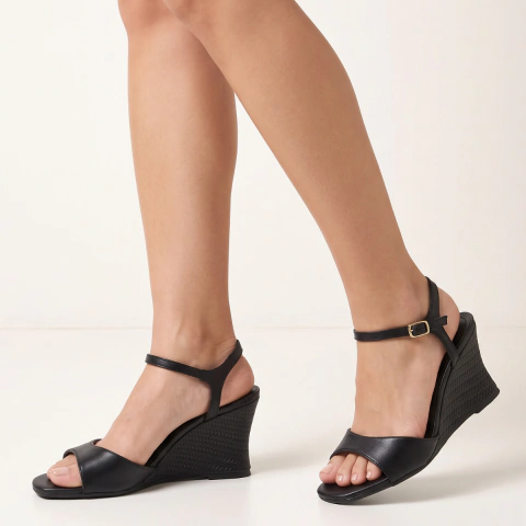 Sandália Feminina Via Marte Anabela 9cm Bico Quadrado Fivela Elegante Casual Salto Trançado Confortável e Moderna