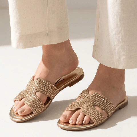 Rasteirinha Vizzano Feminina Flat com Strass Brilho Cravejado Slide Confortável