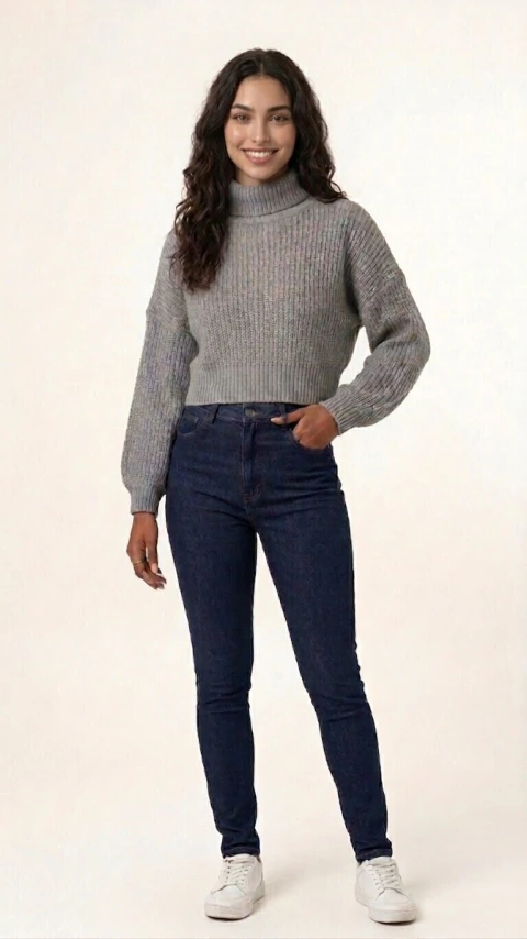Suéter Cropped de Punto Inglés con Cuello Cisne ✨