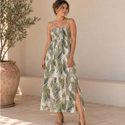 Vestido longo em viscose com detalhe shirred bodice