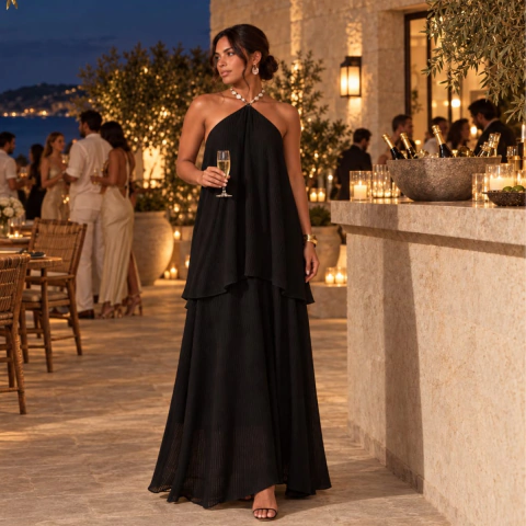 Vestido Longo em Liocel Plissado com Detalhe de Pedras preto