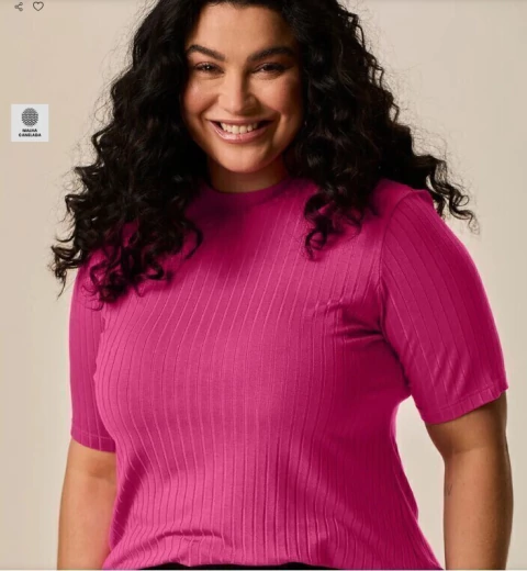 Blusa Plus Size Manga Curta Gola Alta em Viscose Canelada | Malwee 1000108542