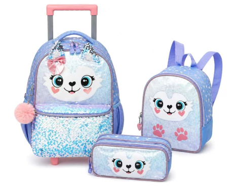 Kit Escolar com Rodinhas 3 Peças – Pet Fofo Glitter (Azul/Lilás)