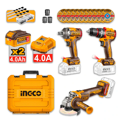 Combo 3 Peças INGCO CKLI203589 - Parafusadeira c/ Impacto, Chave Impacto, Esmerilhadeira - 20V 1/2" 4Ah - Montagem, Corte, Desbaste, Fixação