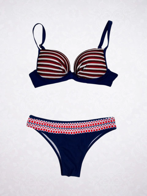 Biquíni feminino listrado vermelho azul marinho