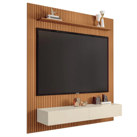 Painel Para Tv Até 55 Polegadas Ripado Impressão 3D Avante Com Nicho 1,34m Cedro/Off White EDN