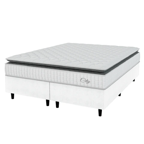 Cama Box Colchão Casal Queen Molas Ensacadas City Pillow Top 158x198x61cm Linho Branco/Preto Hellen