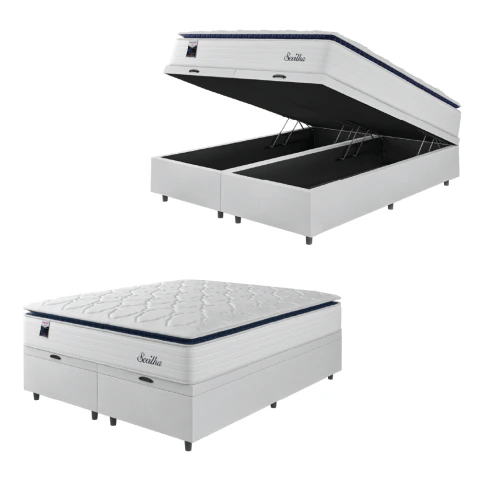 Cama Box Baú Casal King Colchão Molas Ensacadas Com Pillow Sevilha 193x203x74cm Branco/Cinza Hellen