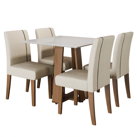 Conjunto de Mesa Sala de Jantar Atenas com 4 Cadeiras Carvalho/Off White/Bege 0,90m Quadrada Dobuê