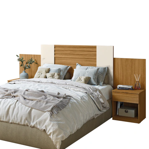 Cabeceira Para Cama Box Casal Queen 1,40m/1,60m Com Mesa De Cabeceira Freijó/Off White/Cinza Flex Ar