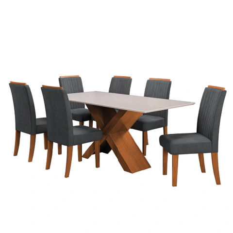 Conjunto de Mesa Sala de Jantar Tampo com Vidro 1,80m 6 Cadeiras Grécia Dobuê
