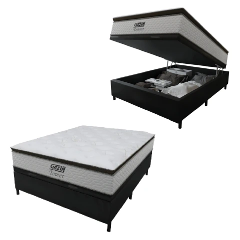 Cama Box Baú Casal Colchão Molas Pocket Ensacadas Tower 138x188x75cm Branco / Preto Gazin - Suporta