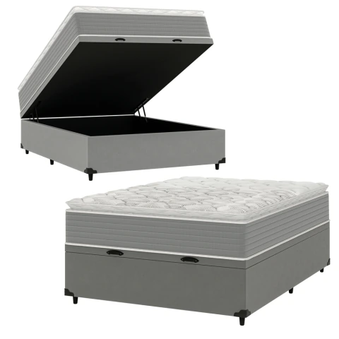Cama Box Baú Casal Molas Ensacadas Pillow Top 138x188x66cm Martino Cinza Umaflex