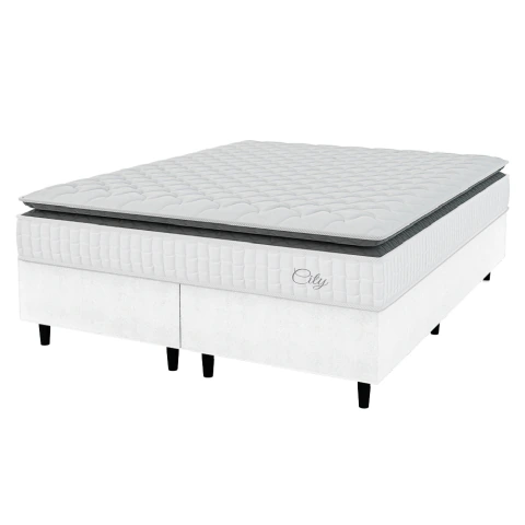 Cama Box Colchão Casal King Molas Ensacadas City Pillow Top 193x203x61cm Linho Branco / Cinza Hellen