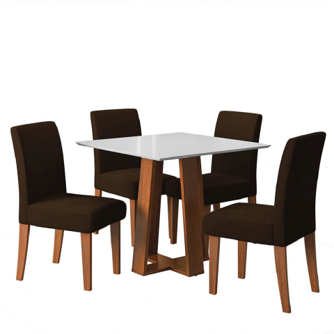 Conjunto Sala de Jantar Mesa Athenas Quadrada 0,90m 4 Cadeiras Trieste Madeirado/Chocolate Dobuê