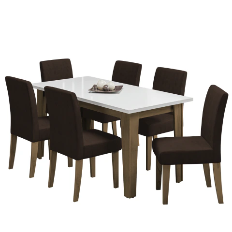 Conjunto de Mesa Sala de Jantar Miami com 6 Cadeiras Trieste Suede 1,60m Cedro / Off White / Chocola