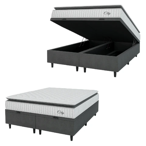 Cama Box Colchão Baú Casal King Molas Ensacadas City Pillow Top 193x203x64cm Cinza / Branco Hellen