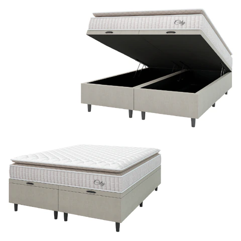Cama Box Colchão Baú Casal King Molas Ensacadas City Pillow Top 193x203x64cm Bege / Branco Hellen