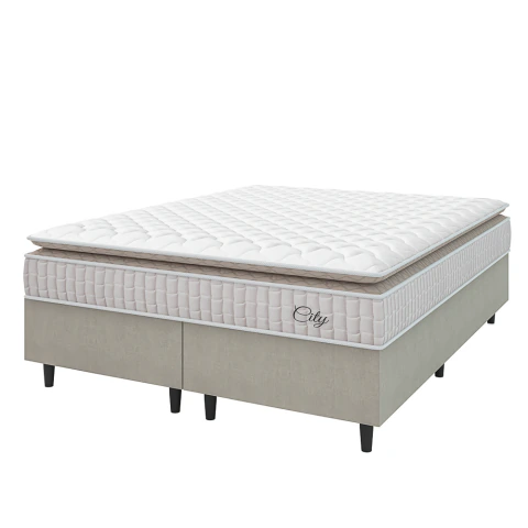Cama Box Colchão Casal Queen Molas Ensacadas City Pillow Top 158x198x61cm Branco / Bege Hellen